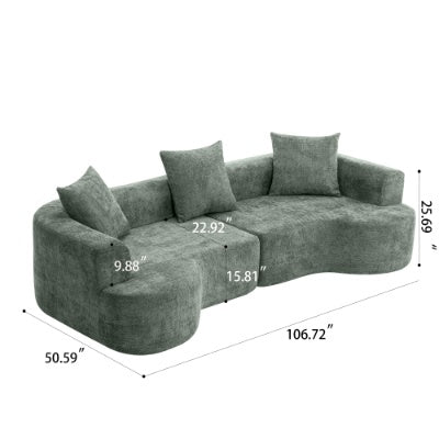 Modern Style Curved Sofa, Soft Corduroy Sofa With 3 Pillows, Living Room Milky White Ultra Smooth Curved Fabric Sofa