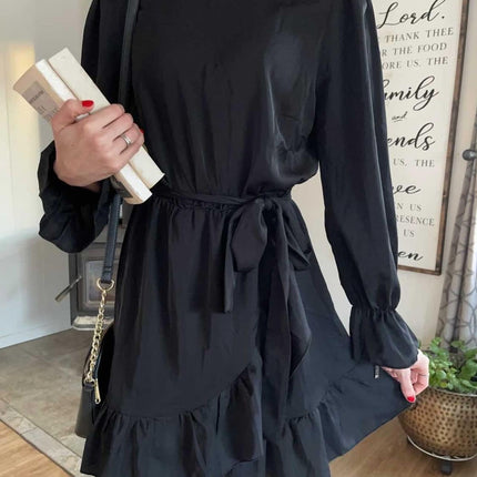 Women Flowy Long Sleeve Crew Neck Ruffles Mini Short Dress Bell Sleeve Solid Color with Belt (Black, Medium)