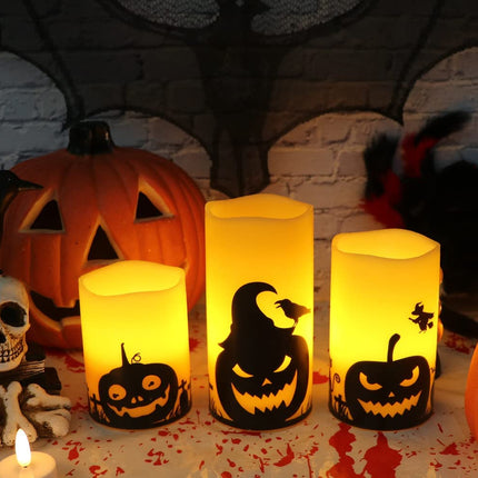 Halloween Flameless Candles, LED Flickering Battery Pillar Candles with 6H Timer and Pumpkin Decals, Spooky Fall Halloween Festival Party Decoration Set of 3 (D 3” X H 4” 5” 6”)