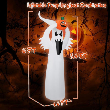 6FT Halloween Inflatables Clearance, Halloween Decoration Outdoor, Inflatable Ghost Holding Pumpkin with LED Lights, Halloween Blow up Yard Decorations for Holiday/Party/Garden