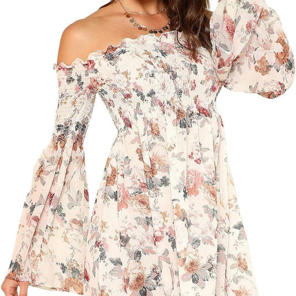 Women'S Casual Floral Print off Shoulder Trumpet Sleeve Swing Dress