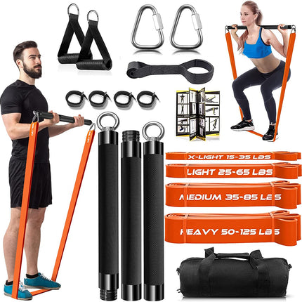 Resistance Band Bar Set Portable Full Body 500LBS Extra Heavy Home Gym with 4 Levels Resistance Bands, 2 in 1 Adjustable Bar and Gym Bag