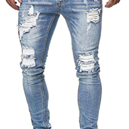 Men'S Blue Slim Fit Jeans Stretch Destroyed Ripped Skinny Jeans Side Striped Denim Pants