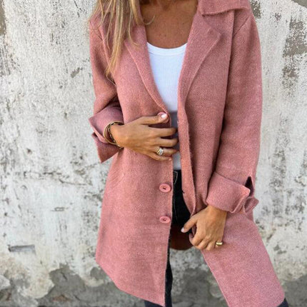 Lapel Single Breasted Cardigan With Pockets Fashion Color Solid Mid-Length Outwear Coat Womens Clothing