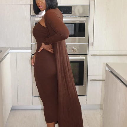 Two Piece for Women Sexy off the Shoulder Bodycon Midi Dresses with Long Cardigan Jackets Coffee