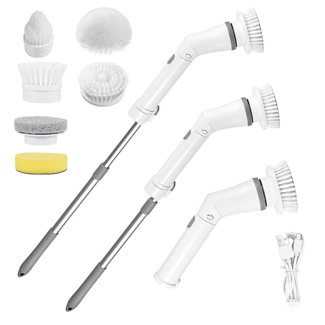 1Set Electric Spin Scrubber Cordless Rechargeable Telescopic Cleaning Brush 6 Replaceable Heads 2 Speed Adjustable Extension Arm Bathroom Tub Tile Floor