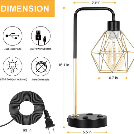 Industrial USB Desk Lamp, Edison Desk Lamp Gold Metal Cage Table Lamp with 2 USB Ports and 1 AC Outlet Vintage Bedside Nightstand Lamp for Bedroom, Living Room, Office (Gold)