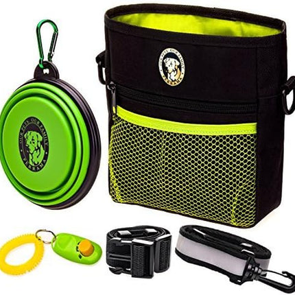 Dog Treat Pouch - Premium Training Treat Bag with Clicker and Collapsible Bowl for Dogs, Adjustable Waist and Shoulder Reflective Straps and Belt Clip, Ideal for Pet Obedience and Agility Training