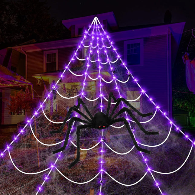 Halloween Decorations Outdoor Spiders Web Light Set, 115 Purple LED Light Decor 200” Triangular Giant Spiderweb Decorations&48" Large Spider&40G Cobweb&10 Small Spiders for Lawn Yard Party Decorations