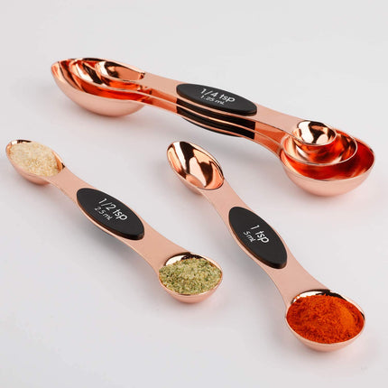 Magnetic Measuring Spoons Stainless Steel Copper Plated Rose Gold Dual Side for Dry and Liquid Ingredients Set of 5