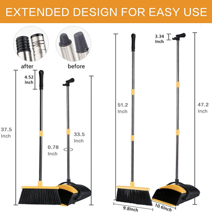 Broom and Dustpan Set for Home,  Dust Pan and Broom Comb, Broom with Dustpan Long Handle, Upright Standing Dustpan Broom Set for Home Room Kitchen Office Lobby Floor Use