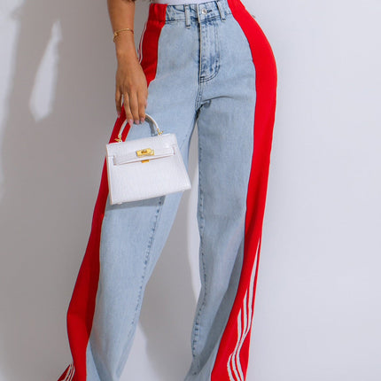 2024 Fashion Casual High Waist Elastic Straight Leg Trousers Three Stripe Patchwork Denim Wide Leg Pants Streetwear