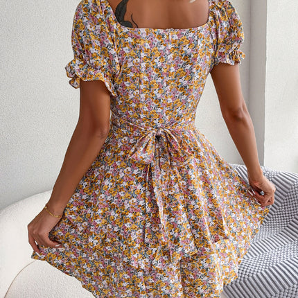 Women Mini Dress Temperament Big Swing Loose Hem Flower Print Shirring Dress Up Short Sleeves High Waist Summer Dress Clothes