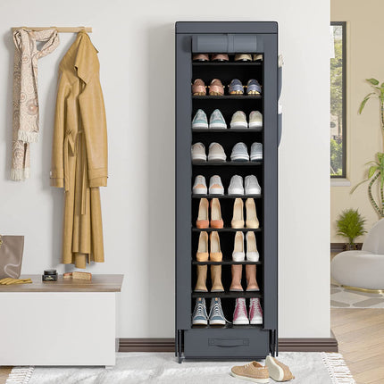 Shoes Rack 10 Tier Tall Narrow Shoe Rack with Bin Covered Shoe Shelf Storage Organizer Closet Stackable Shoe Stand