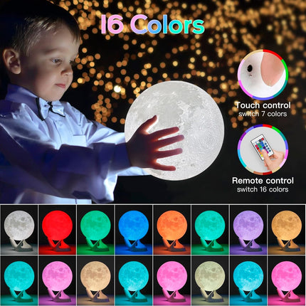 Moon Lamp, 5.9 Inch Moon Light 3D Printing Night Light 16 Colors Lunar Lamp with Remote/Touch Control and USB Rechargeable, Christmas Gift for Girls Kids Women Lover (White Hand Stand)