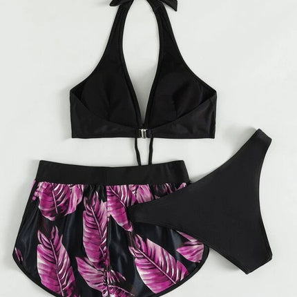 3pcs Leaf Print Bikini With Shorts Fashion Summer Beach Swimsuit Womens Clothing