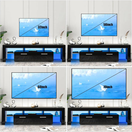 TV Stand for Tvs up to 70", High Gloss TV Cabinet with LED Light, Modern TV Console Table with Storage Drawers, Media Television Stand Entertainment Center, Black