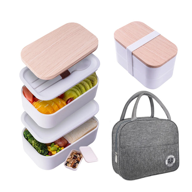 Bento Box ,2 Layer Lunch Box , Leak-Proof, Includes Sauce Container, Divider,Lunch Bag ，Cutlery & Chopsticks, 54Oz Japanese Bento Box for Adults, Microwave-& Dishwasher-Safe. （White）