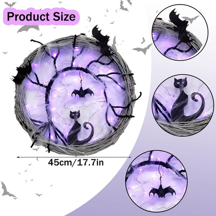 17.7Inch Lighted up Bat and Cat Halloween Wreath Decoration with Purple LED Lights,Battery Operated Horror Black Wreath Halloween Porch Decor