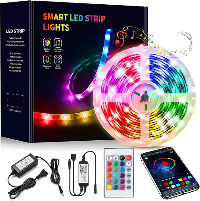 Bluetooth LED Strip Lights RGB Light Strips Music Sync Color Changing Led Light Kit 5050 Led Rope Light with 24 Key IR Remote Power Supply