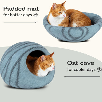 Cat Bed Cave Premium Felt - Handmade 100% Merino Wool Bed for Cats and Kittens (Light Shades) (Medium, Aquamarine)