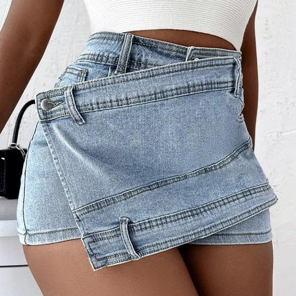 Y2K Street Vintage Denim Shorts Stretch Overlap Waist Wrap Solid Asymmetrical Hem A-Line Skinny Mini Skorts Skirt