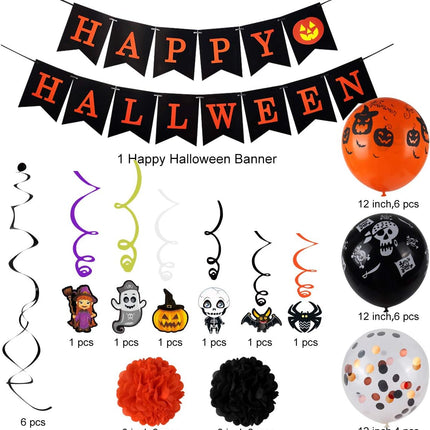 Halloween Party Decorations Kit, Happy Banner, Latex Balloons Are Printed with Patterns, Hanging Swirls, Paper Garlands Home Party Halloween Decoration Supplies（48 Pack ）