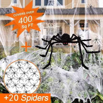 Halloween Decorations Outdoor with 6.6 Ft Giant Spider Scary Hairy Spider, 400Sqft Fake Spider Web, 20 Black Plastic Spiders Props for outside Indoor House Yard Halloween Decor Party Favor, 3 Pack