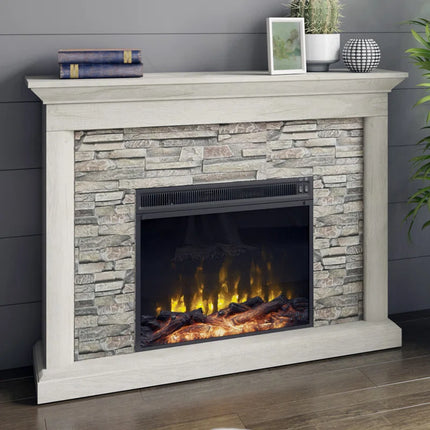 Electric Fireplace Mantel Package in Weathered Gray - Rustic Stacked Stone Surround - Heat 400 SQ FT