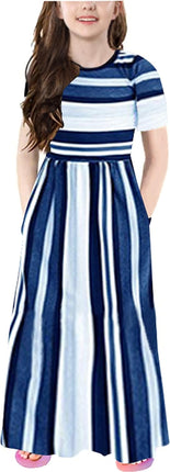 Girl'S Summer Short Long Sleeve Stripe Holiday Dress Maxi Dress with Pocket Size 6-12T