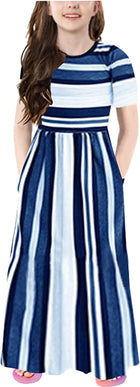 Girl'S Summer Short Long Sleeve Stripe Holiday Dress Maxi Dress with Pocket Size 6-12T