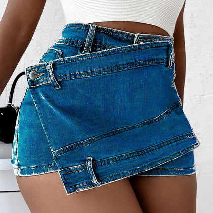 Y2K Street Vintage Denim Shorts Stretch Overlap Waist Wrap Solid Asymmetrical Hem A-Line Skinny Mini Skorts Skirt