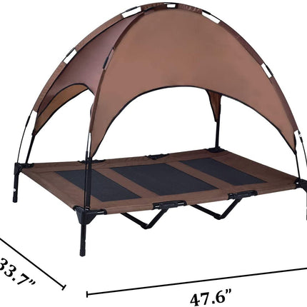 Elevated Pet Cot with Canopy, Portable Raised Pet Cot for Camping or Beach, Removable Canopy, Durable 1680D Oxford Fabric Raised Mesh Cot, Breathable Cooling Outdoor Dog Bed (Large, Brown)