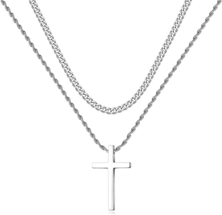 Stainless Steel Cross Necklaces for Men Layered Cuban Link Chain Rope Chain Mens Cross Necklaces Black Silver Gold Cross Pendant Necklace for Men Boys Women 16-26 Inches