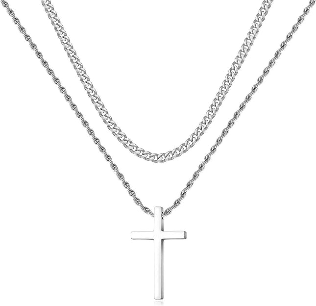 Stainless Steel Cross Necklaces for Men Layered Cuban Link Chain Rope Chain Mens Cross Necklaces Black Silver Gold Cross Pendant Necklace for Men Boys Women 16-26 Inches