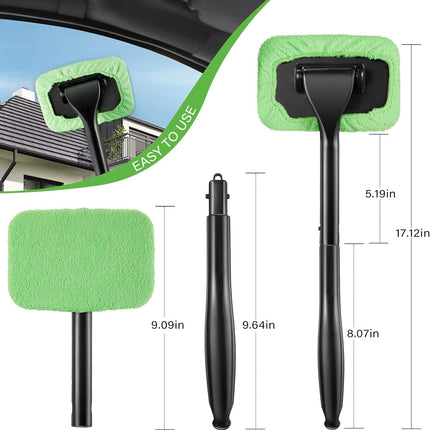 2 Pack Windshield Cleaning Tool Windshield Cleaning Wand Auto Window Cleaner with Detachable Handle, 8 Pieces Reusable Cloth Pads and 2 Pieces Spray Bottles for Car Interior (Green)