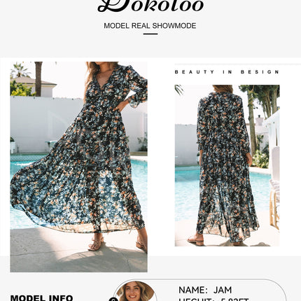 Blue Floral Print Maxi Dress for Women Fall Chiffon Deep V Neck Long Sleeves Ruffle Hem Party Dresses Fashion Elastic Cuffs Boho Dresses for Holiday Vacation, US 4-6(S)