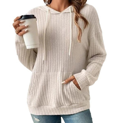 Fashion Drawstring Long-sleeved Hooded Sweatshirt With Pockets Solid Sunken Stripe Hoodie Knitwear Womens Clothing