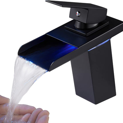 LED Light Bathroom Sink Faucet, 3 Colors Changing Waterfall Spout, Hot and Cold Water Mixer Tap, Black