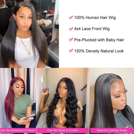 Straight 4X4 Lace Front Wigs for Black Women Human Hair Glueless Transparent HD Lace Closure Human Hair Wigs Brazilian Virgin Hair Pre Plucked 150% Density Natural Black 26Inch