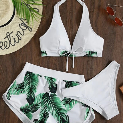 3pcs Leaf Print Bikini With Shorts Fashion Summer Beach Swimsuit Womens Clothing