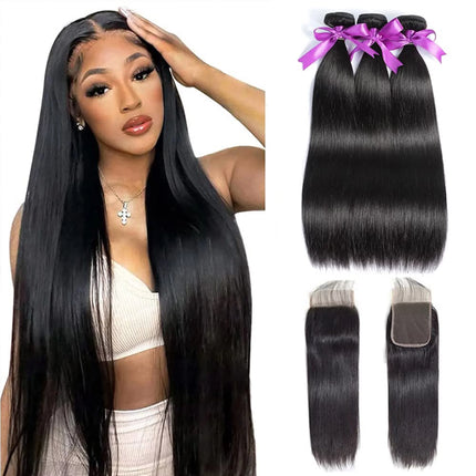 Bundles with Closure Straight Human Hair Brazilians 3 Bundles with 4X4 Lace Closure Natural Black Color 18 20 22+16