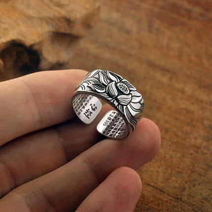 Thai Silver Black Lotus Heart Sutra  Ring