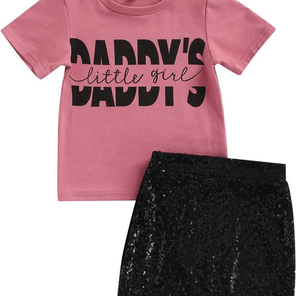 Toddler Girls 2Pcs Outfits Short Sleeve Daddy'S Little Girl Letter Print T-Shirt Top+Shiny Sequins Skirt (Pink Black, 18-24 Months), -Baby-20