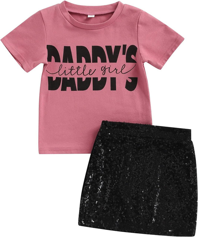 Toddler Girls 2Pcs Outfits Short Sleeve Daddy'S Little Girl Letter Print T-Shirt Top+Shiny Sequins Skirt (Pink Black, 18-24 Months), -Baby-20