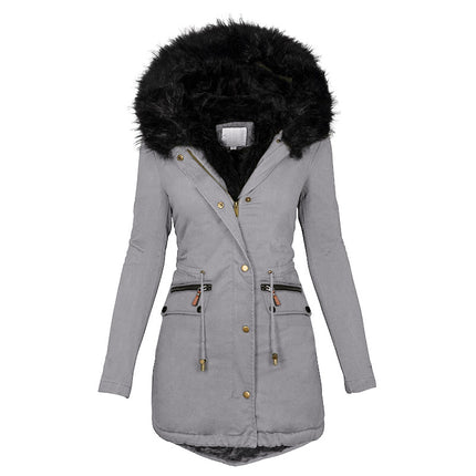 Women's Plush Hooded Parkas Winter Warm Thick  Zip-up Jackets Casual Mid-length Solid Buckle Pockets Coat Outerwear Clothing