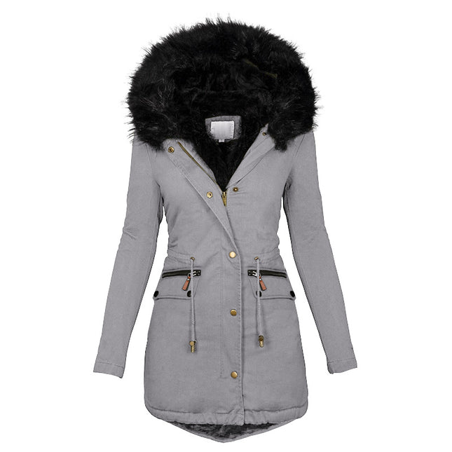 Women's Plush Hooded Parkas Winter Warm Thick  Zip-up Jackets Casual Mid-length Solid Buckle Pockets Coat Outerwear Clothing