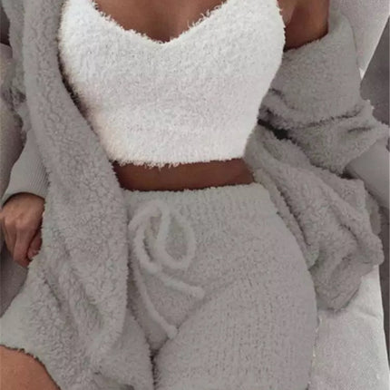 Winter Sexy Women Home Wear Suit Casual Pajamas Set Lady Female Soft Warm Long Sleeve Exposed Navel Vest Shorts Set