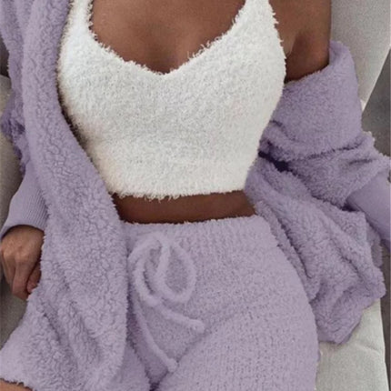 Winter Sexy Women Home Wear Suit Casual Pajamas Set Lady Female Soft Warm Long Sleeve Exposed Navel Vest Shorts Set