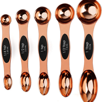 Magnetic Measuring Spoons Stainless Steel Copper Plated Rose Gold Dual Side for Dry and Liquid Ingredients Set of 5